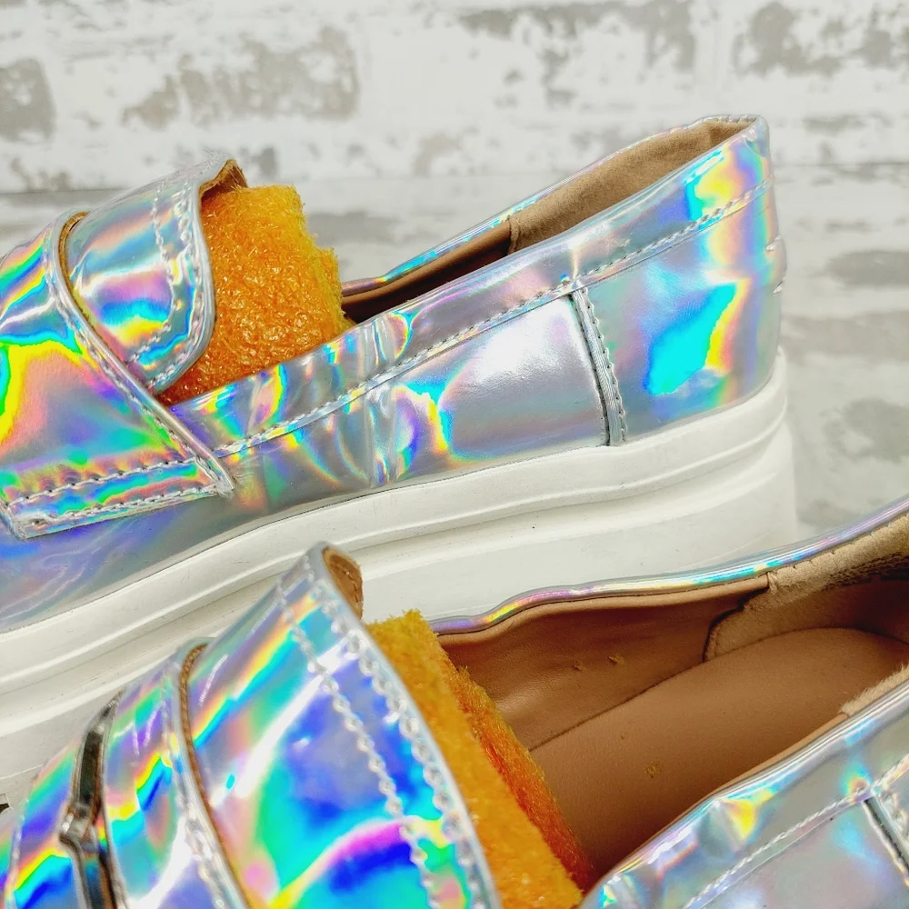 NEW Steve Madden Koryn Silver Iridescent Chunky Platform Loafers C924